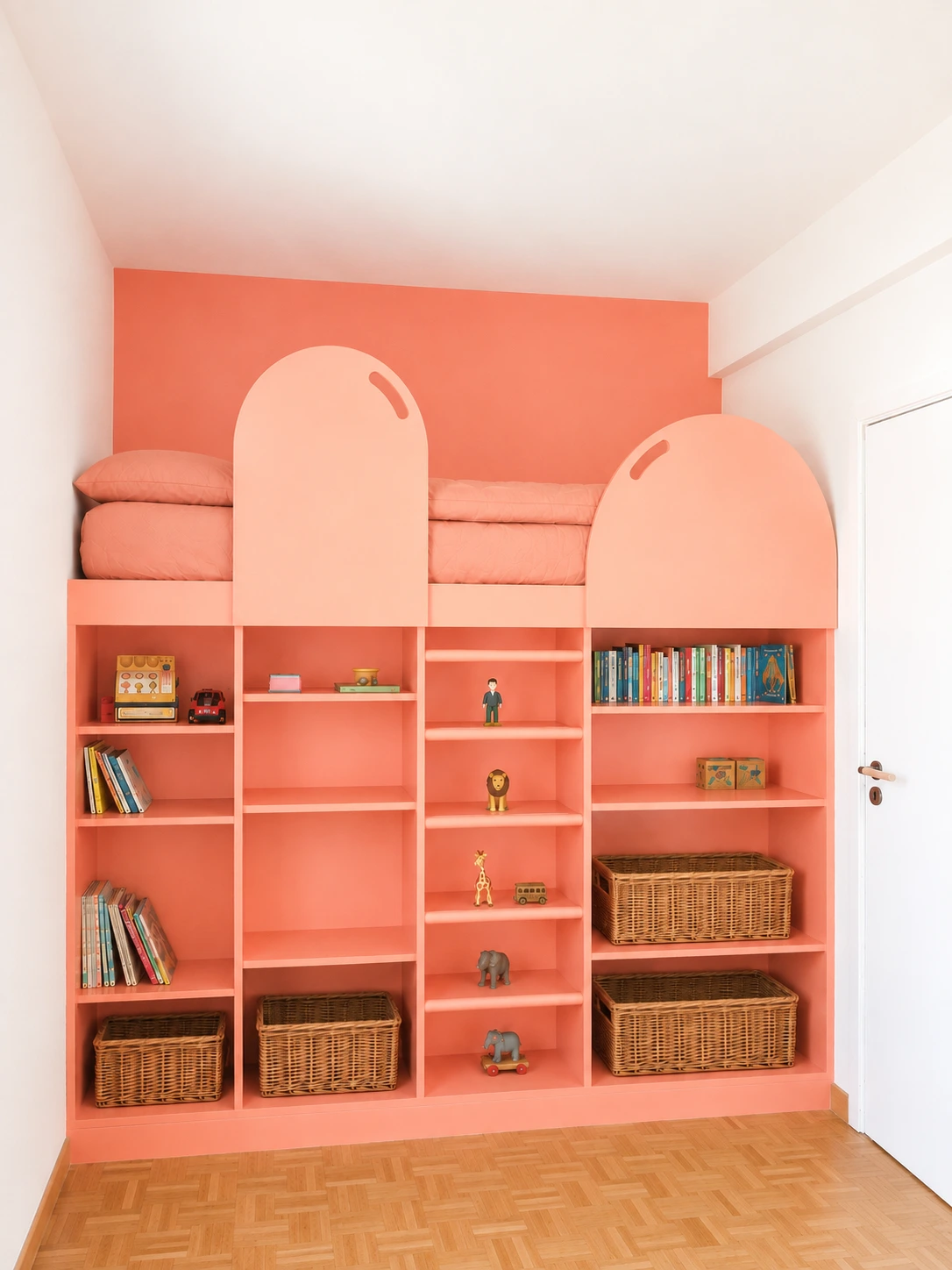 Neurodesign & mobilier sur mesure — Woluwe Chambre d'enfant conçue en neuro architecture et éco design avec lit en hauteur et rangements sur mesure pour libérer l'espace de jeu